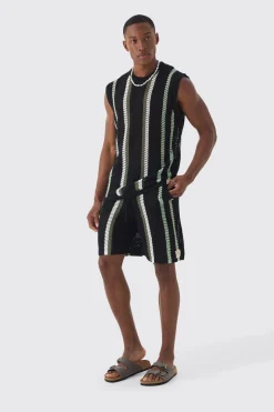 Oversized Open Stitch Stripe Knitted Tank Set | BoohooMAN UK