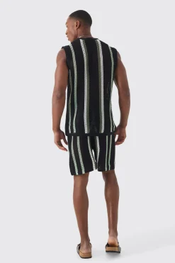 Oversized Open Stitch Stripe Knitted Tank Set | BoohooMAN UK