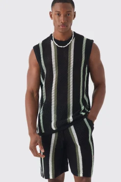 Oversized Open Stitch Stripe Knitted Tank Set | BoohooMAN UK