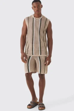 Oversized Open Stitch Stripe Knitted Tank Set | BoohooMAN UK