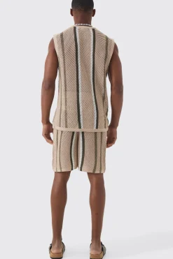 Oversized Open Stitch Stripe Knitted Tank Set | BoohooMAN UK