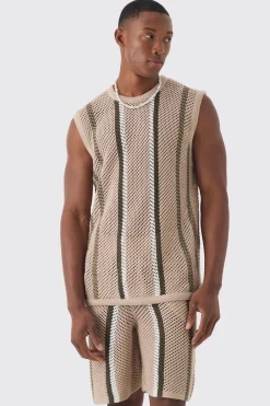 Oversized Open Stitch Stripe Knitted Tank Set | BoohooMAN UK