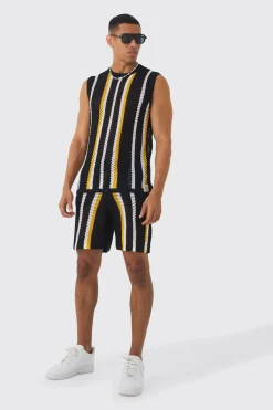 Oversized Open Stitch Stripe Knitted Tank Set | BoohooMAN UK