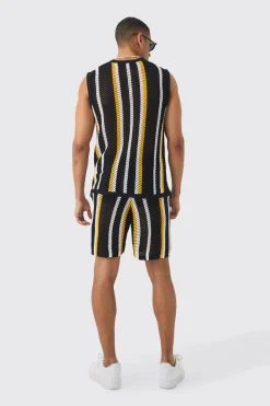 Oversized Open Stitch Stripe Knitted Tank Set | BoohooMAN UK