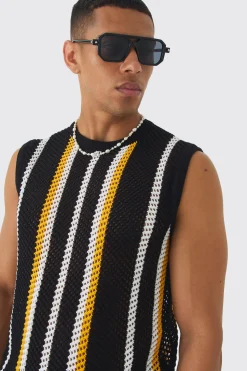 Oversized Open Stitch Stripe Knitted Tank Set | BoohooMAN UK