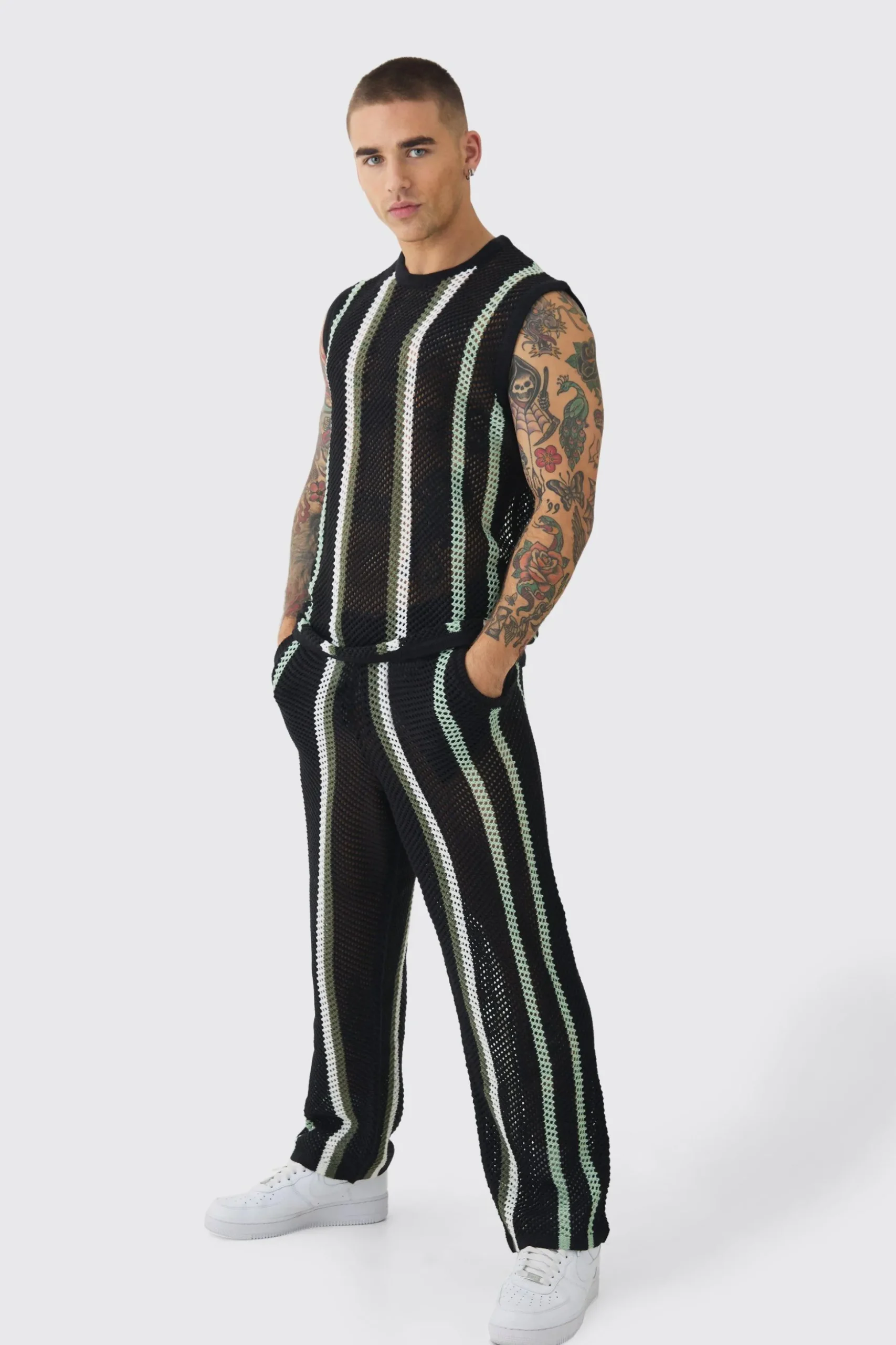 Oversized Open Stitch Stripe Knitted Tank & Trouser Set | BoohooMAN UK
