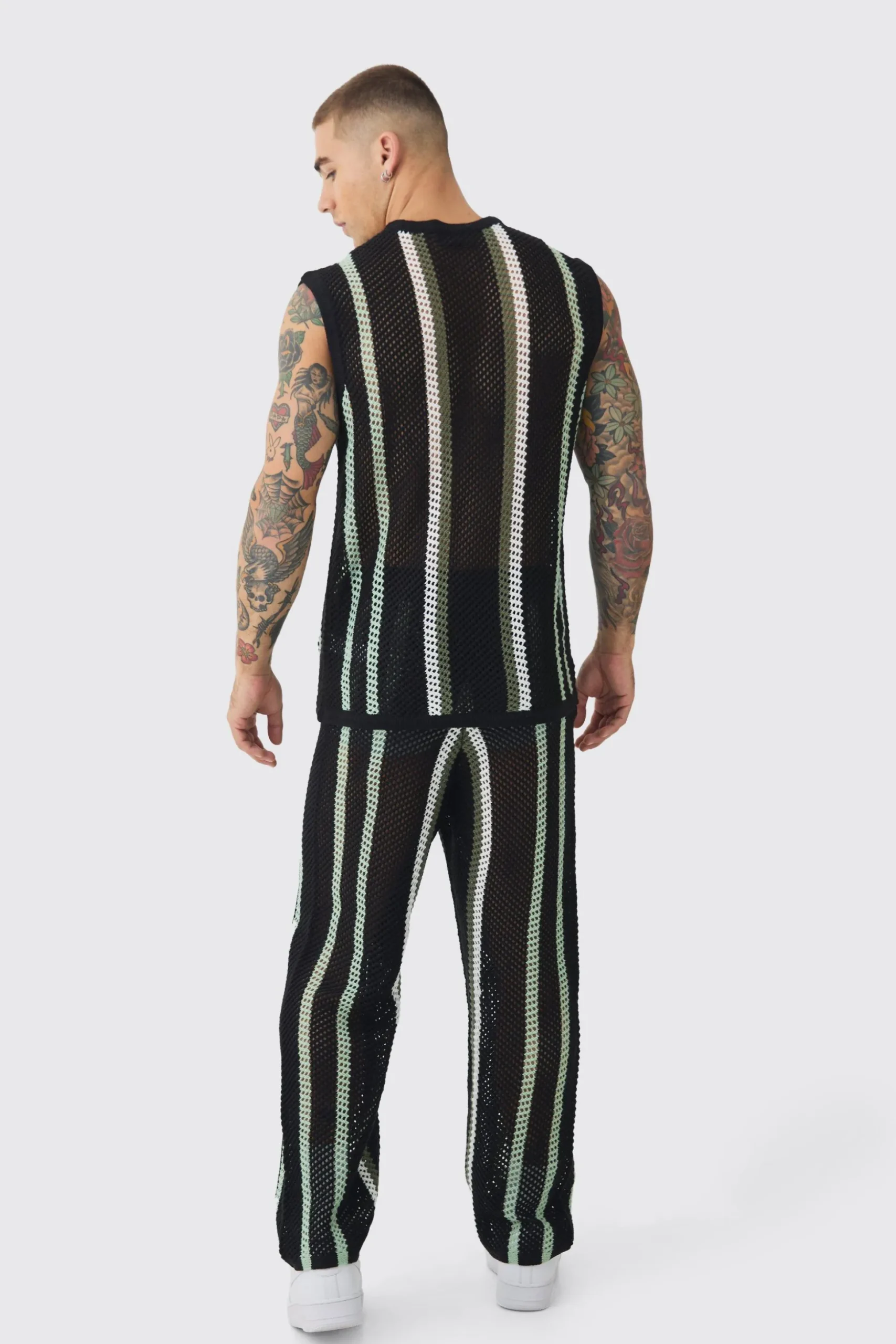 Oversized Open Stitch Stripe Knitted Tank & Trouser Set | BoohooMAN UK