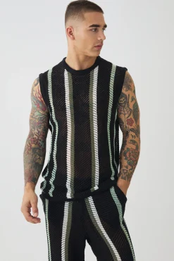 Oversized Open Stitch Stripe Knitted Tank & Trouser Set | BoohooMAN UK