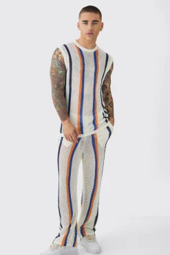 Oversized Open Stitch Stripe Knitted Tank & Trouser Set | BoohooMAN UK