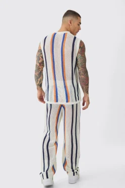 Oversized Open Stitch Stripe Knitted Tank & Trouser Set | BoohooMAN UK