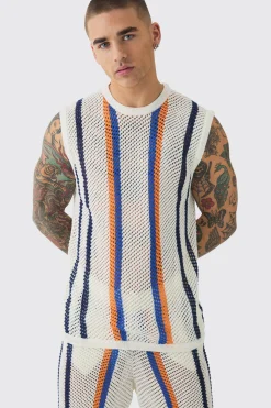 Oversized Open Stitch Stripe Knitted Tank & Trouser Set | BoohooMAN UK