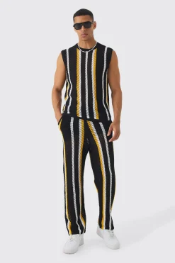 Oversized Open Stitch Stripe Knitted Tank & Trouser Set | BoohooMAN UK