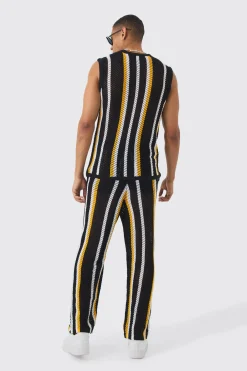 Oversized Open Stitch Stripe Knitted Tank & Trouser Set | BoohooMAN UK