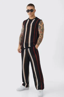 Oversized Open Stitch Stripe Knitted Tank & Trouser Set | BoohooMAN UK