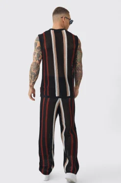 Oversized Open Stitch Stripe Knitted Tank & Trouser Set | BoohooMAN UK