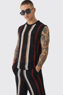 Oversized Open Stitch Stripe Knitted Tank & Trouser Set | BoohooMAN UK