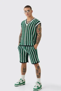 Oversized Open Stitch Stripe V Neck Tank And Short Set | BoohooMAN UK