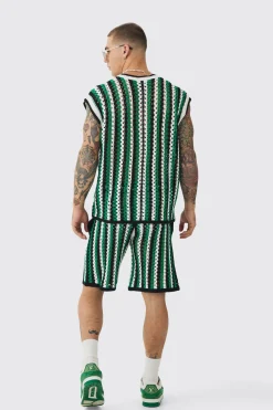Oversized Open Stitch Stripe V Neck Tank And Short Set | BoohooMAN UK