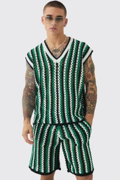 Oversized Open Stitch Stripe V Neck Tank And Short Set | BoohooMAN UK