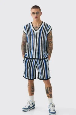 Oversized Open Stitch Stripe V Neck Tank And Short Set | BoohooMAN UK