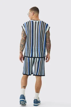 Oversized Open Stitch Stripe V Neck Tank And Short Set | BoohooMAN UK