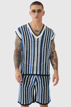 Oversized Open Stitch Stripe V Neck Tank And Short Set | BoohooMAN UK