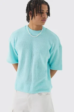Oversized Open Stitch Tonal Varsity Knitted T-shirt | BoohooMAN UK