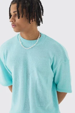 Oversized Open Stitch Tonal Varsity Knitted T-shirt | BoohooMAN UK