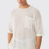 Oversized Open Stitch Tshirt With Pocket In Ecru | BoohooMAN UK