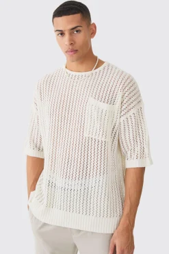 Oversized Open Stitch Tshirt With Pocket In Ecru | BoohooMAN UK