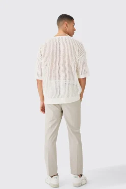 Oversized Open Stitch Tshirt With Pocket In Ecru | BoohooMAN UK