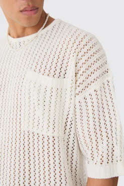 Oversized Open Stitch Tshirt With Pocket In Ecru | BoohooMAN UK