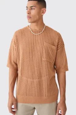 Oversized Open Stitch Tshirt With Pocket In Taupe | BoohooMAN UK