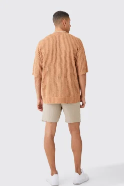 Oversized Open Stitch Tshirt With Pocket In Taupe | BoohooMAN UK