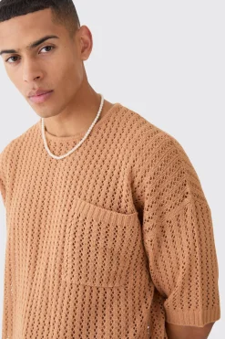 Oversized Open Stitch Tshirt With Pocket In Taupe | BoohooMAN UK