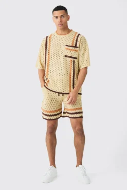 Oversized Open Stitch T-shirt Short Knitted Set | BoohooMAN UK