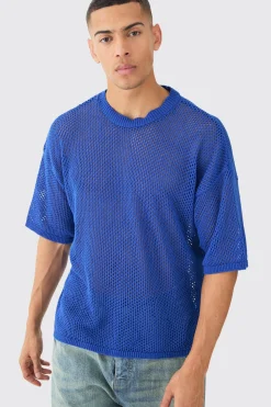 Oversized Open Stitch T-shirt In Cobalt | BoohooMAN UK
