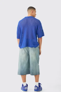 Oversized Open Stitch T-shirt In Cobalt | BoohooMAN UK