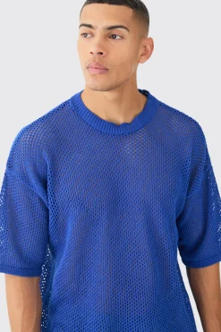 Oversized Open Stitch T-shirt In Cobalt | BoohooMAN UK