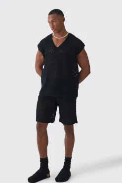 Oversized Open Stitch V Neck Tank Short Set With Metal Tab | BoohooMAN UK