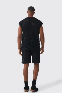 Oversized Open Stitch V Neck Tank Short Set With Metal Tab | BoohooMAN UK