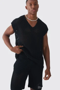 Oversized Open Stitch V Neck Tank Short Set With Metal Tab | BoohooMAN UK