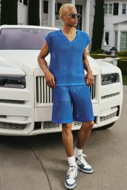 Oversized Open Stitch V Neck Tank Short Set With Metal Tab | BoohooMAN UK