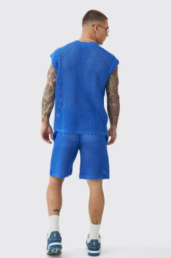 Oversized Open Stitch V Neck Tank Short Set With Metal Tab | BoohooMAN UK