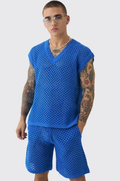 Oversized Open Stitch V Neck Tank Short Set With Metal Tab | BoohooMAN UK