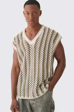 Oversized Open Stitch V Neck Stripe Knitted Tank | BoohooMAN UK
