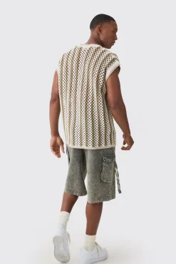 Oversized Open Stitch V Neck Stripe Knitted Tank | BoohooMAN UK