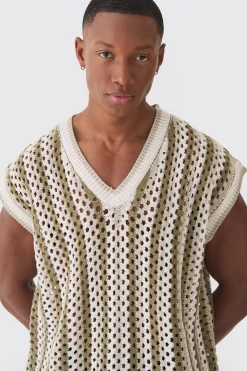 Oversized Open Stitch V Neck Stripe Knitted Tank | BoohooMAN UK