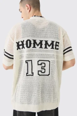Oversized Open Stitch Varsity Shirt In White | BoohooMAN UK