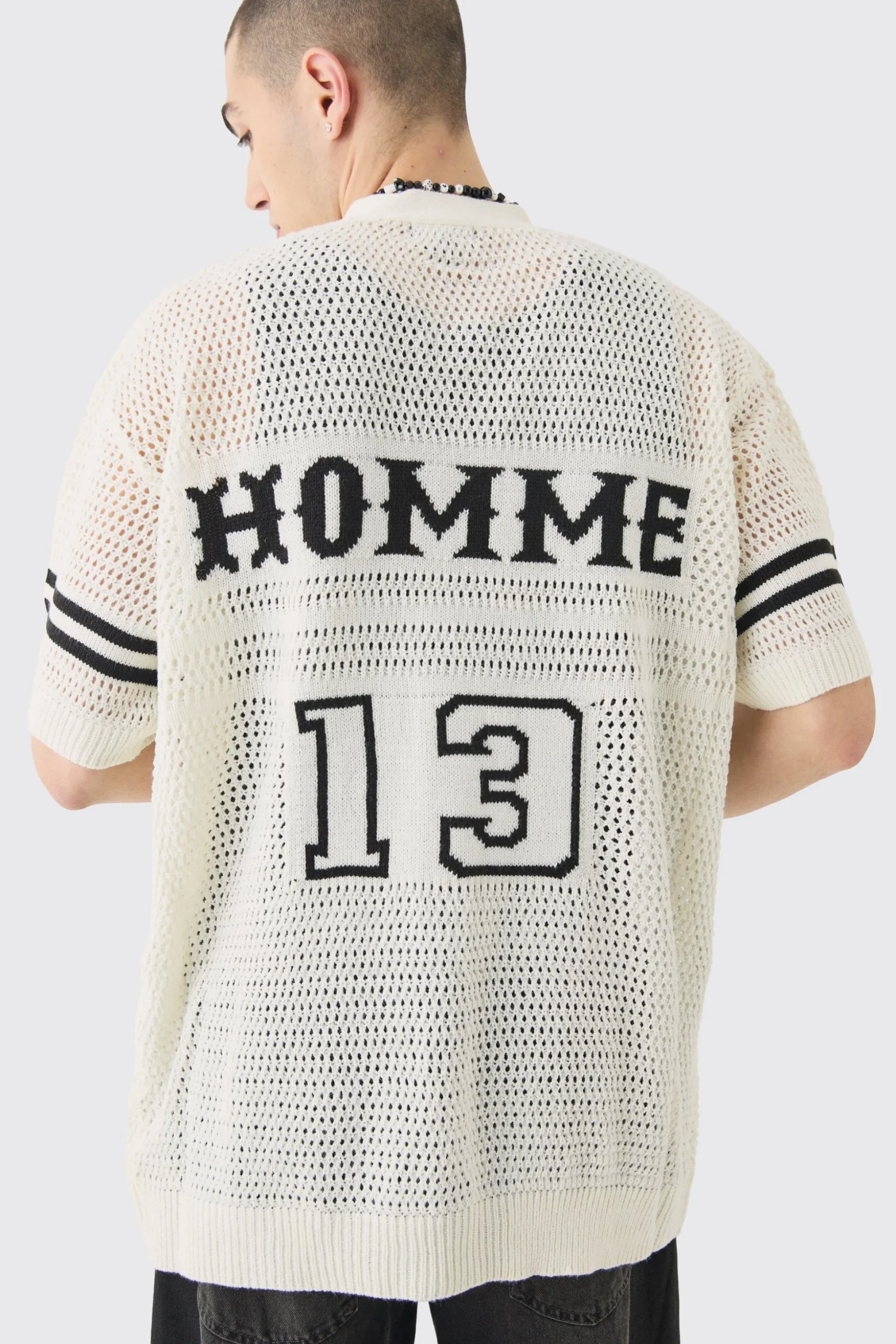 Oversized Open Stitch Varsity Shirt In White | BoohooMAN UK